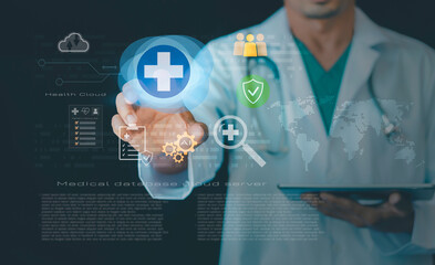Doctor using medical cloud database to manage patient records, health data, and digital analytics. Secure healthcare platform enables collaboration, personalized care, efficient hospital operations