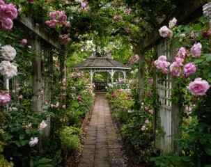 Rose-covered pergola pathway to gazebo
