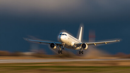 Obraz premium aerodynamics. An airplane taking off into a dramatic sky from an airport runway. mobility guides, transit brochures, designed for mobility and urban transit guides, clarifies navigation. 