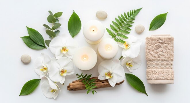 Spa and wellness arrangement with orchids, candles, and stones isolated on white background