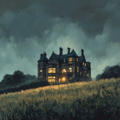 A grand gothic mansion bathed in twilight light, perched atop a golden field under a stormy sky