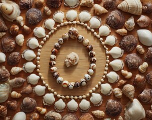 Circular arrangement of seashells and beads on a light-brown wooden surface