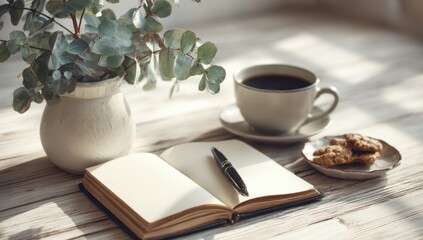 Coffee, journal, and cookies on a table