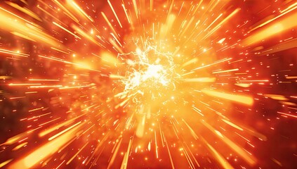 An abstract image depicting a fiery, radiant explosion at the center, with streaks of light emanating outwards against a dark background, suggesting speed, energy, or cosmic event