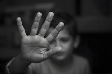 Obraz premium Monochromatic Portrait of a Young Boy Obscured by an Outstretched Hand Emphasizing Childhood Innocence and Protection