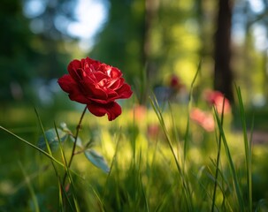 A vibrant red rose in a grassy garden setting