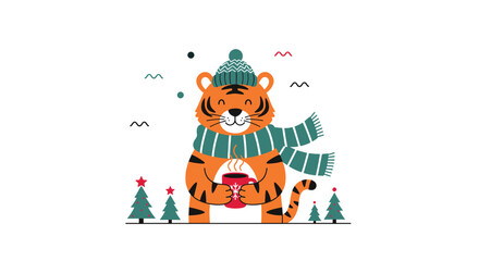 A cheerful tiger wearing a hat and scarf holds a hot drink during winter.