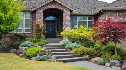 Obraz premium welcome. Family home exterior with welcoming entrance and architectural details. real-estate listings, architecture portfolios, designed for architectural facade and classical detail presentations. 