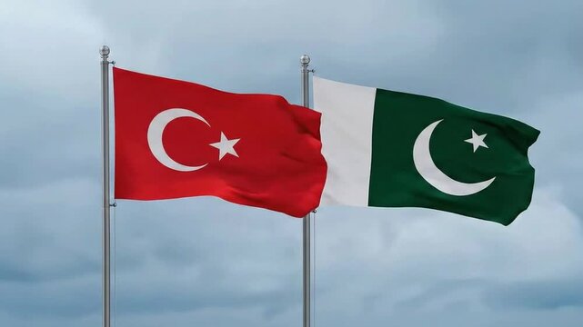 Turkey and Pakistan flags waving together International relations concept motion animation on sky background
