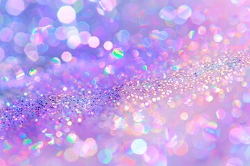 An abstract image featuring a shimmering, iridescent glitter trail across a pastel purple and pink bokeh background. The glitter displays various rainbow hues