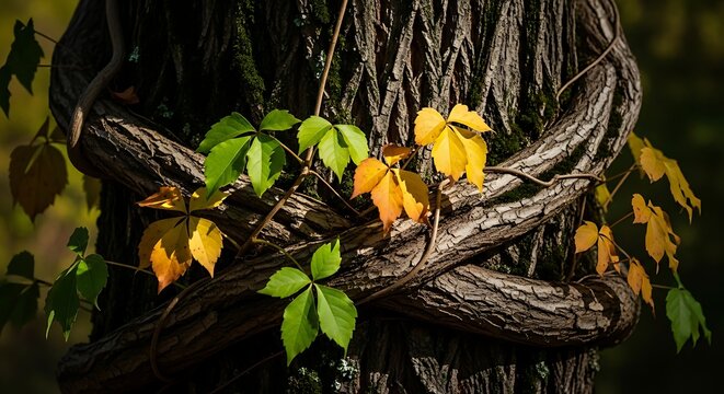 Colorful autumn leaves of a vine wrapped around an old tree trunk. - Powered by Adobe