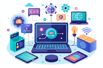 Futuristic AI Technology Holographic Interface with Data Analytics on Laptop Workspace