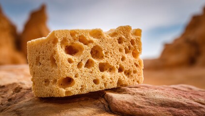 Light tan sponge-like object rests on a rough rock surface against a backdrop of beige sandstone formations