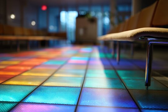 Colorful mosaic floor tiles in a waiting area.  Perspective view from floor level, looking down a brightly lit, modern waiting hall with rows of light beige seating