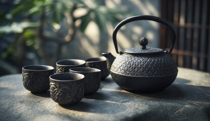 Dark tea set on a stone table, surrounded by greenery