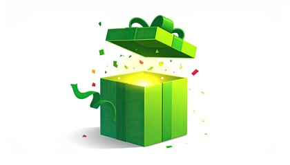 An open green gift box radiates a warm glow, confetti bursts from within, against a white backdrop.  A green ribbon adds to the festive feel