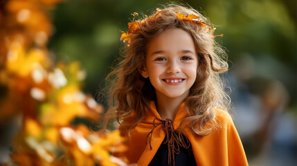 Girl Halloween costume autumn celebration children costume ideas Halloween dress up seasonal activities fall festivals blurred background with copy space