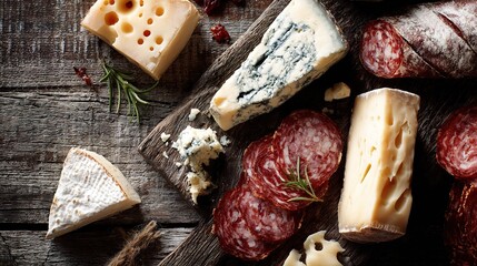 gorgonzola. Artfully arranged selection of fine cheeses and cured meats on a rustic wooden board, top-down view. menu design.