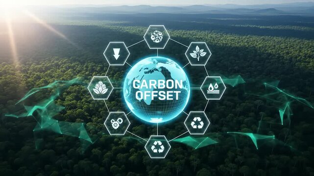 Carbon Offset Concept Visualized Over Lush Forest Landscape with Digital Network