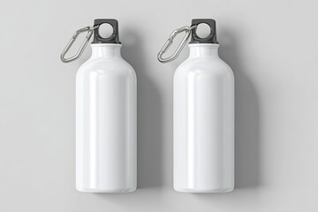 Two identical, white, metallic water bottles with black caps and metal carabiner attachments, set against a neutral backdrop