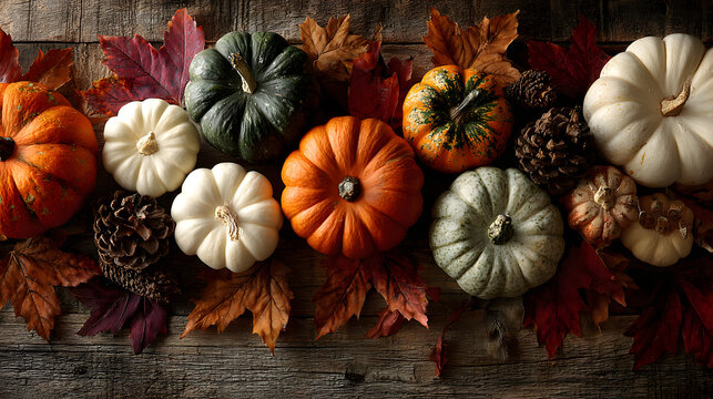 Autumn-themed arrangement of pumpkins and leaves on a wooden surface