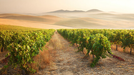 Obraz premium vineyard. Golden hour vineyard landscape with rows of grapevines extending toward rolling hills, travel magazines, destination branding, designed for outdoor magazines and nature guides. 