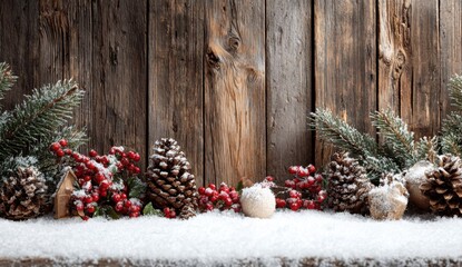 Festive Christmas decorations on snow-covered wood