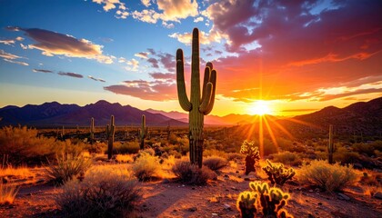 Desert Sunset with Saguaro Cactus.