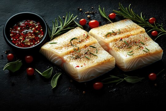 Two fresh cod fillets seasoned with herbs rest on a black stone plate. Showcase healthy seafood cuisine or a culinary blog recipe.