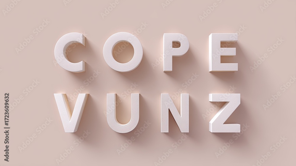 Poster three-dimensional text with soft shadows spelling the words cope and vunz on a neutral background