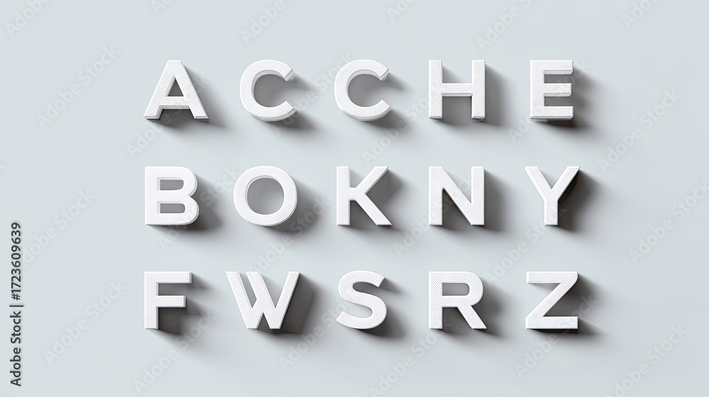 Poster white 3d alphabet letters with shadows on light background for creative design and branding use