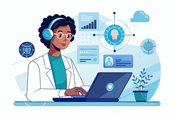 Futuristic AI Technology Holographic Interface with Data Analytics on Laptop Workspace