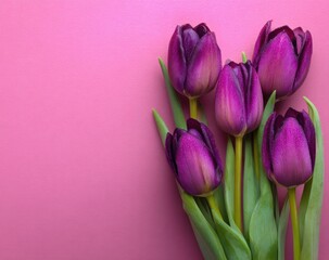 A bouquet of deep purple tulips on a vibrant pink background