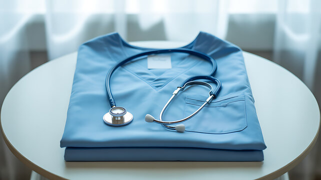 Blue medical scrubs with stethoscope placed on a round table in a clinical setting
