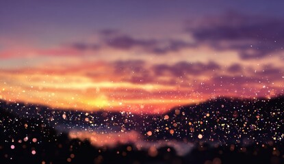 Blurry sunset over misty hills