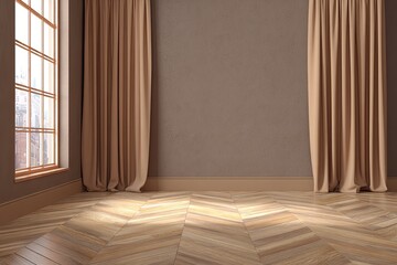 Empty room with large window and beige curtains