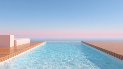 Fototapeta premium Serene Infinity Pool Overlooking Tranquil Ocean with Dreamy Pink Sky and Clear Water Surface