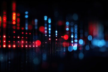 Abstract visual of red and blue light points, blurred, on a dark background, suggesting data flow or audio waves