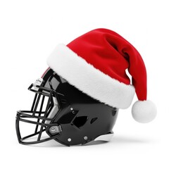 American football helmet with Santa Claus hat, isolated on white

