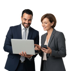 Collaborative business professionals examining data on laptop with transparent surrounding space