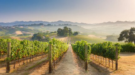 Naklejka premium vineyard. Golden hour vineyard landscape with rows of grapevines extending toward rolling hills, travel magazines, destination branding, designed for outdoor magazines and nature guides. 