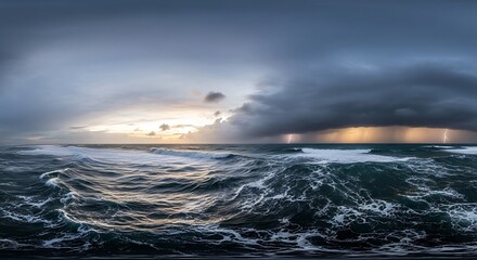 Obraz premium Dramatic seascape panorama with stormy skies and lightning strikes at sunset