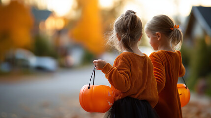 Kids trick or treat Halloween fun children seasonal activities neighborhood traditions community Halloween events family activities blurred background with copy space