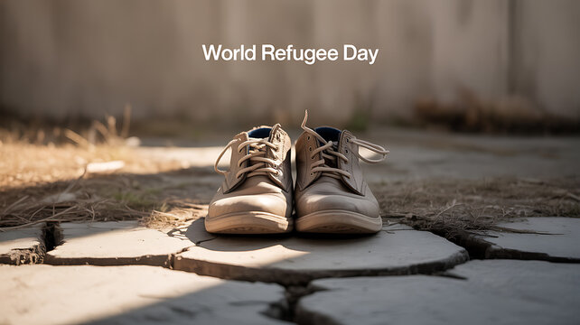 A pair of worn shoes placed on stone pavement, symbolizing displacement and migration, with text 'World Refugee Day' displayed above.