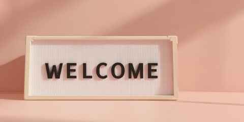 The welcoming sign in stylish modern decor on soft pink background