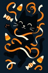 Cartoon Cat Celebrating Halloween With Candy