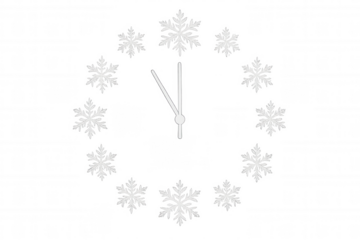 New year countdown clock with snowflakes indicating midnight, celebrating winter holidays, transparent background