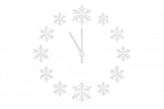 New year countdown clock with snowflakes indicating midnight, celebrating winter holidays, transparent background