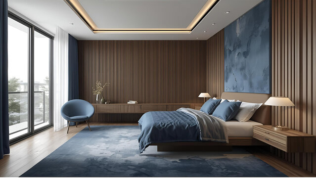 a blue and brown design modern bedroom, ai