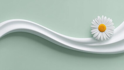 Smooth white cream or lotion flowing over a sage green background with a single white daisy